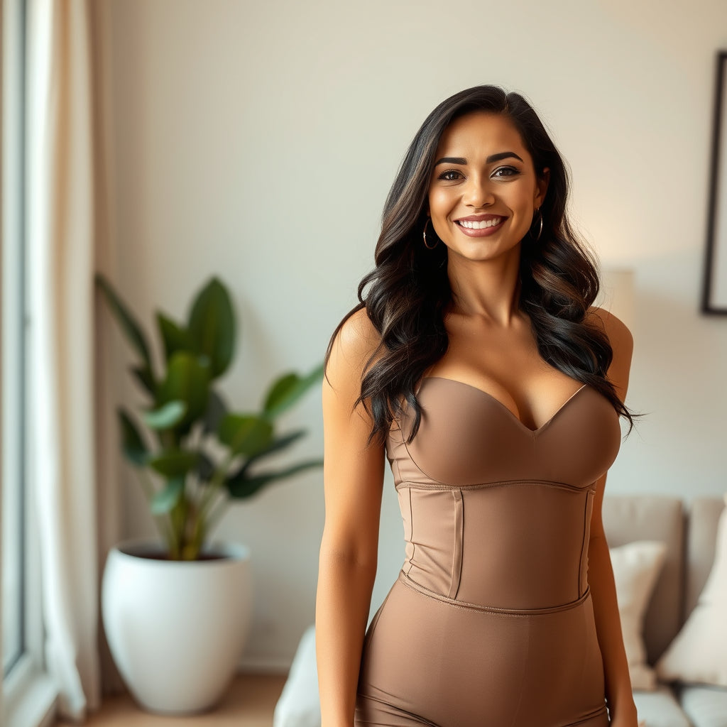 Confident Latina woman wearing premium Colombian shapewear at home — Noga Curves quality craftsmanship and fit