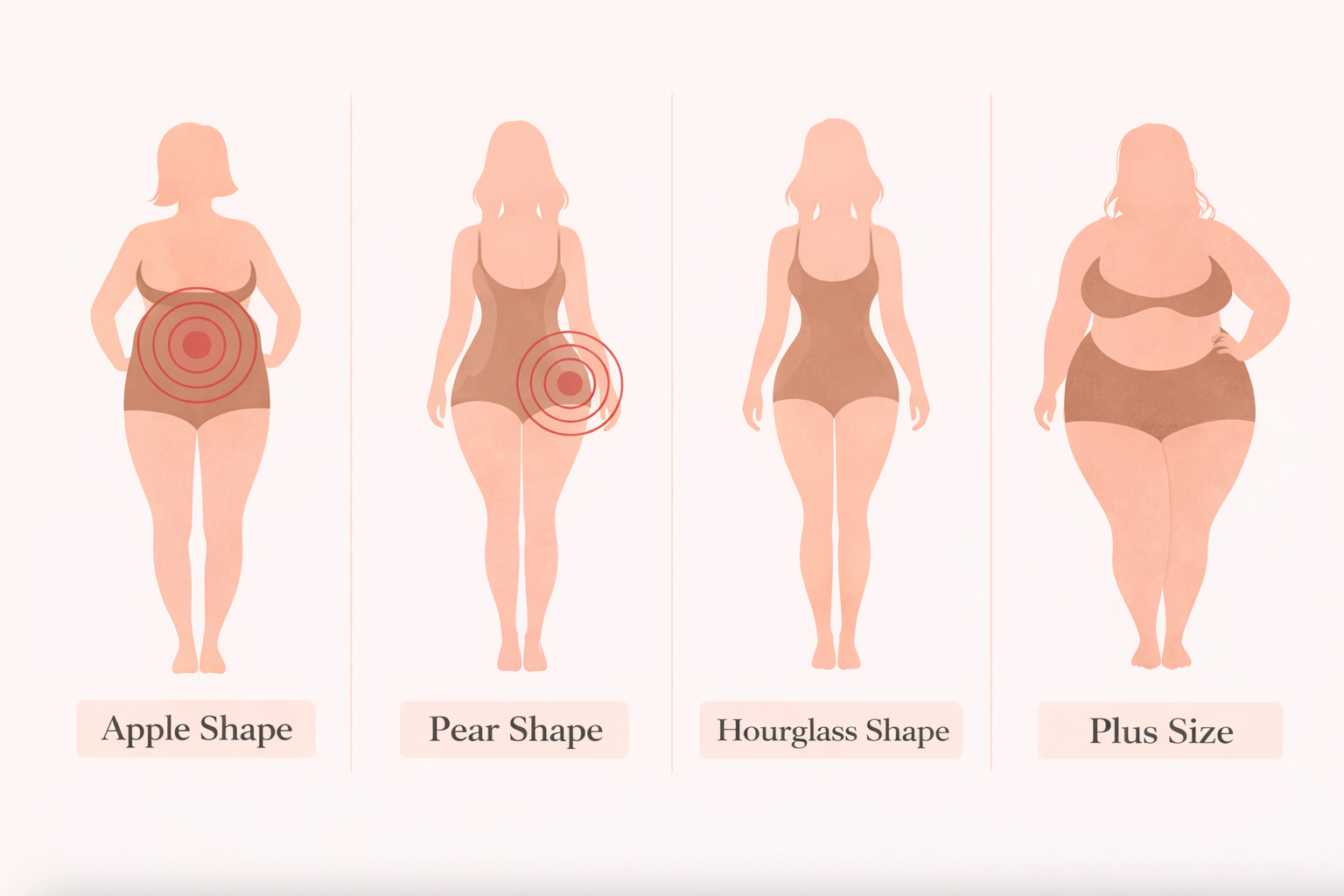 Illustration showing apple shape, pear shape, hourglass shape, and plus size body types for Colombian faja selection — Noga Curves