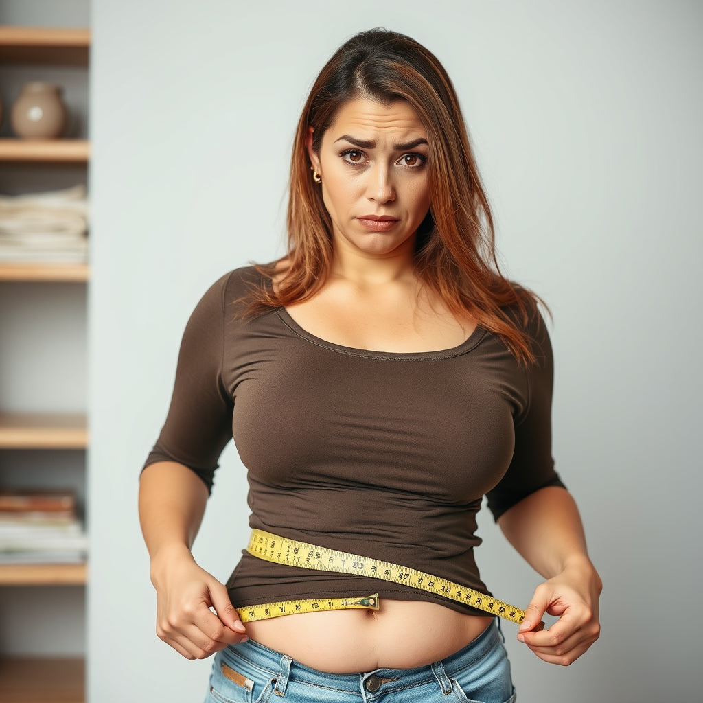 Woman measuring her waist with a confused expression — common shapewear sizing mistakes to avoid, Noga Curves guide