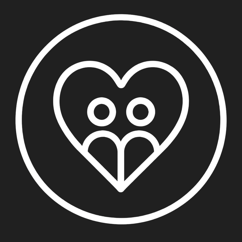 White heart-shaped icon with owl design on a black background